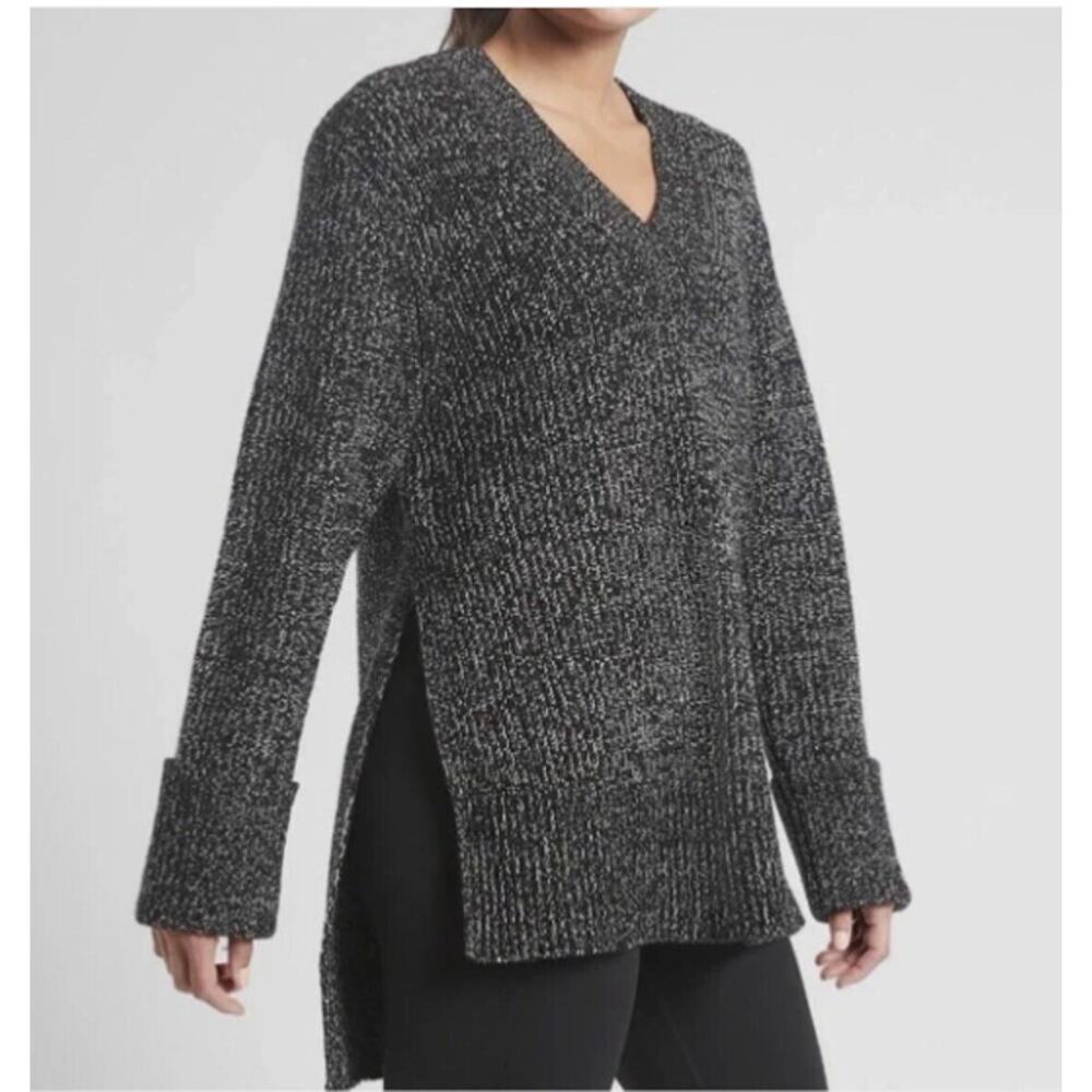 Athleta Marled Charcoal V-Neck Ribbed Tunic Sweater